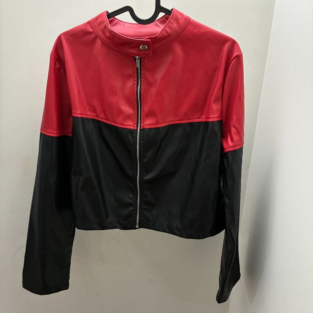 Red and Black Faux Leather Cropped Jacket